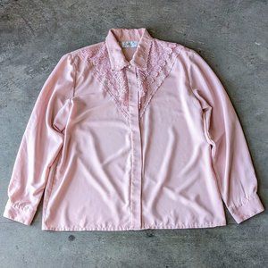 Vintage Kathy Che Pink Lace Beaded Collar Button Front Blouse size 14